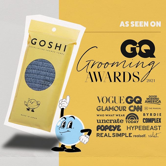 GOSHI Exfoliating Shower Towel - Long Body Scrubber, Grey | For back acne, KP & smooth skin, durable quick dry nylon washcloth, ethically crafted in Gunma, Japan