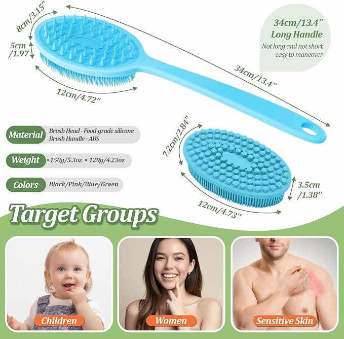Silicone Back Scrubber for Shower, Gentle Exfoliating Body Scrubber & Back Washer with Handle, Silicone Loofah with Two Dual-Side & Replaceable Brush Heads(Blue-Two Heads)