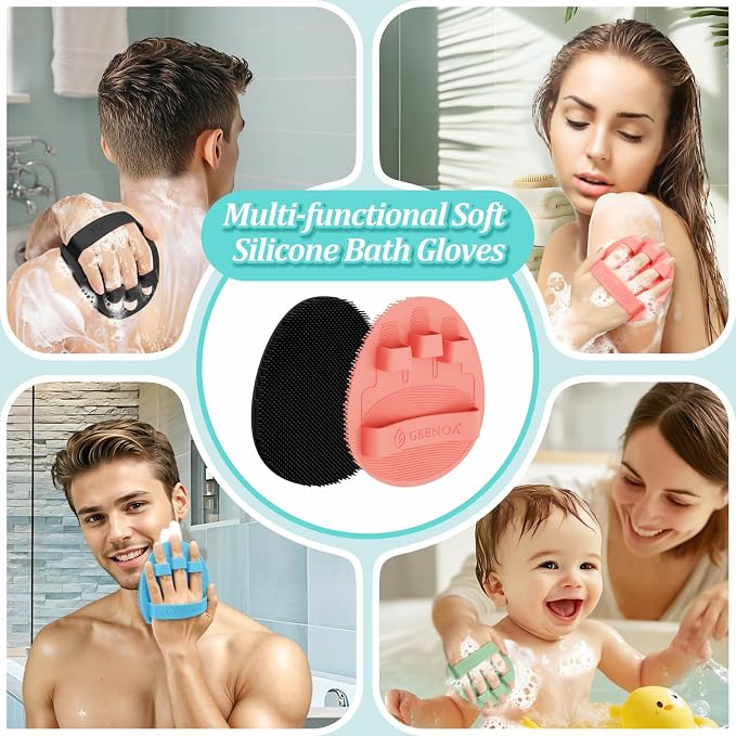 Silicone Back & Body & Face Scrubbers Set 4PCS, 15.35’’ Soft Back Scrubber for Dual-Side Usage, Easy-to-Hold Bath Glove Body Scrubber Face Scrubber for Good Foaming & Deep Cleaning(Pink)