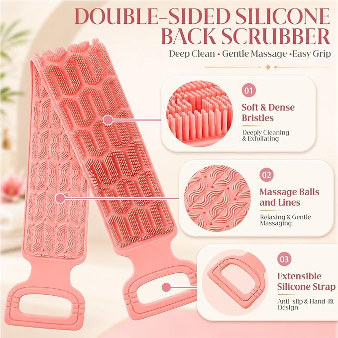 Manmihealth Silicone Back Scrubber for Shower Pink | 33.8'' Exfoliating Body Scrubber with Long Strap Handle, Dual-Sided Extendable Back Washer for Men and Women