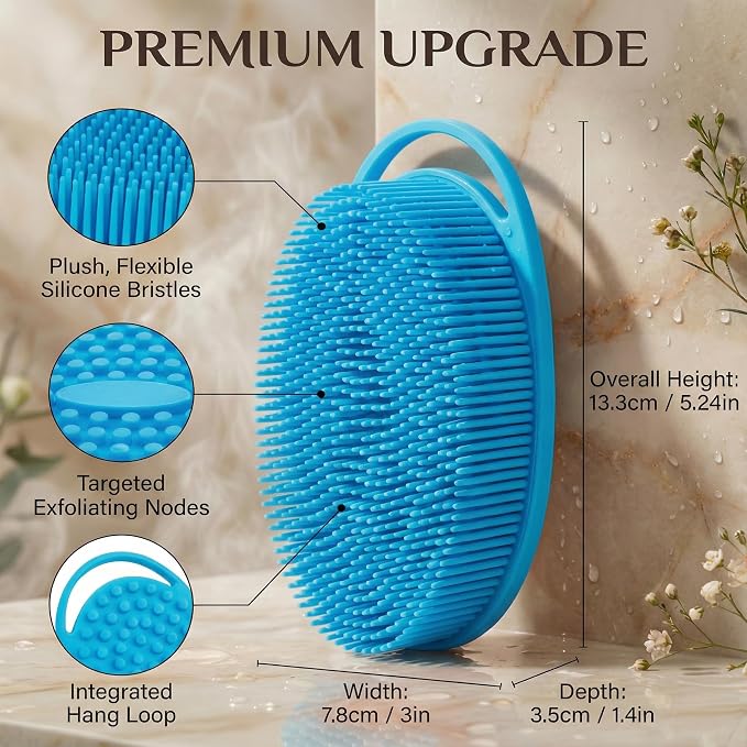 Silicone Body Scrubber Exfoliating 3 Pack, Shower Scrubber for Body,Loofah Alternative for Women Men, 2 in 1 Bath and Shampoo Brush with Handle,Body Exfoliator Tool for Skin, Back-Purple, Blue, Green