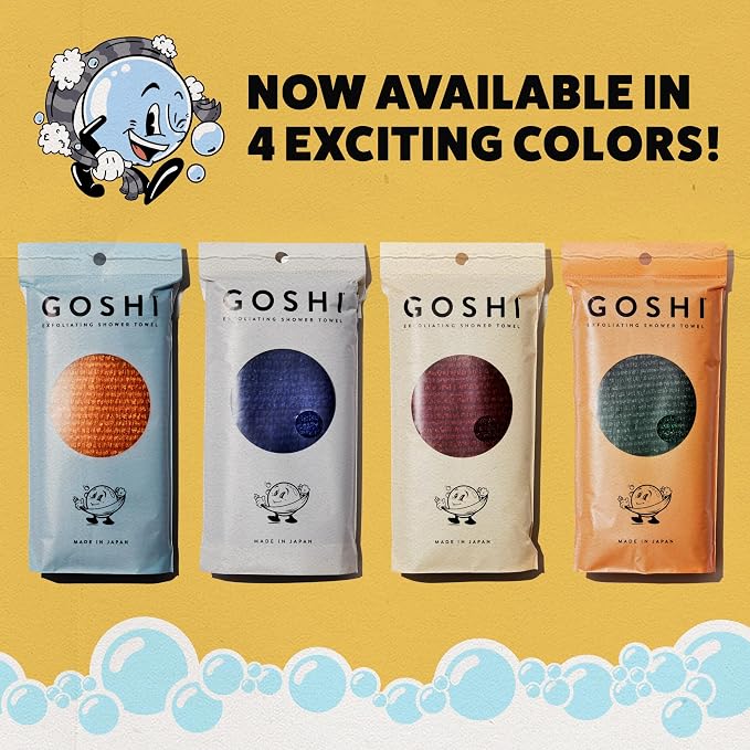 GOSHI Exfoliating Shower Towel - Long Body Scrubber, Orange | For back acne, KP & smooth skin, durable quick dry nylon washcloth, ethically crafted in Gunma, Japan