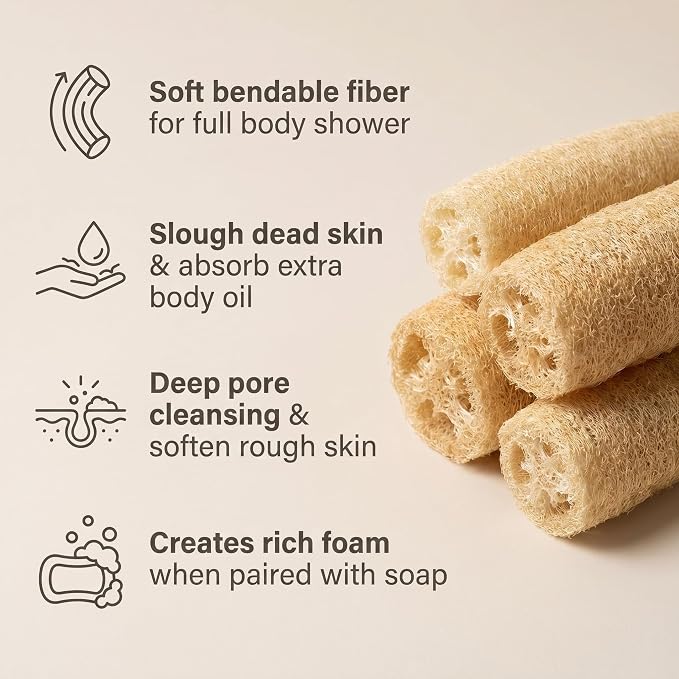 Natural Organic Loofah Body Scrubber 4 Pack, 100% Biodegradable Exfoliating Sponge for Shower Bath, Gentle Luffa for Sensitive Skin Exfoliation