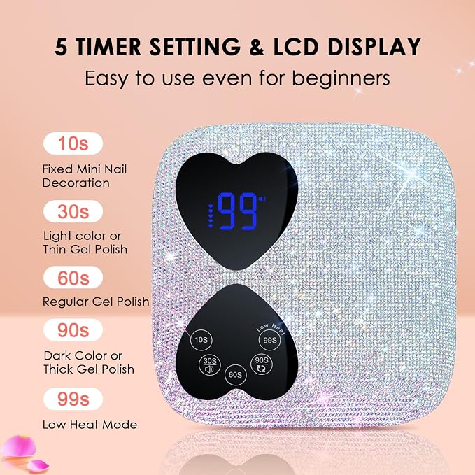 UV LED Nail Lamp Cordless, HUITINE 80W Rechargeable UV Light for Gel Nails | Professional Gel Light Dryer with 5 Timers & Mirror Base, Sparkling Rhinestones Diamond Curing Lamp for Salon & Home