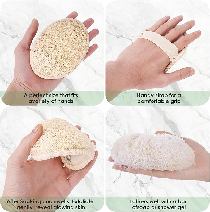 Natural Loofah Sponge 3 Pack for Shower, Organic Luffa Exfoliating Body Scrubber, Eco Friendly Biodegradable Bath Sponge, Plant Based Body Exfoliator for Men Women, Shower Loofah with Hanging Rope