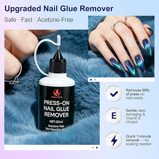 3 x 20ML Press-On Nail Glue Remover with Nail Removal Tool, Acetone-Free | Fast Glue Dissolver for Fake Nails, Adhesive Residue & Nail Polish, Not for Gel Polish