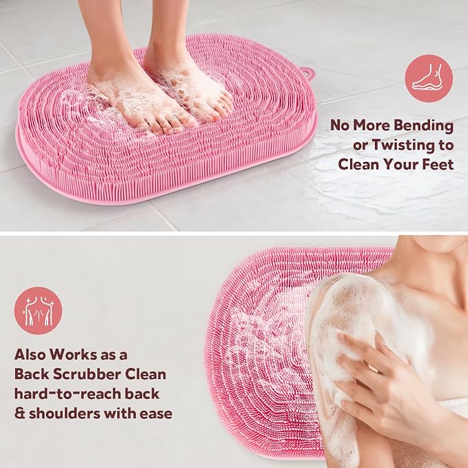Silicone Shower Foot Scrubber Mat, 21"x14" Shower Mat, Pink | Large Foot Scrubber for Shower, Suction Cups, Feet/Back Exfoliating Cleaner, Dead Skin Removal, Deep Clean, Soft Long Bristle