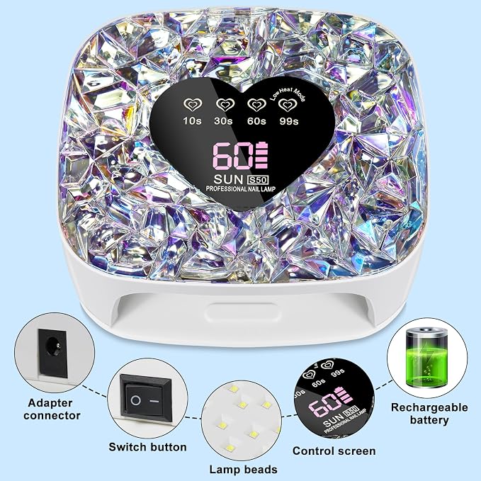 LIMEGIRL UV LED Nail Lamp Kit for Gel Polish Professional Fast White Diamond Design Curing Dryer Light Set with 4 Timers and Gloves Cordless Rechargeable Nail Art Cure Machine at Home and Salon