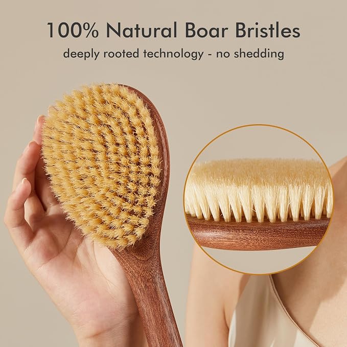 Dry Brushing Body Brush, 16Inch Long Handle Natural Back Scrubber for Shower for Lymphatic Drainage, Exfoliating & Cellulite - Wood Shower Brush for Men, Women & Elderly