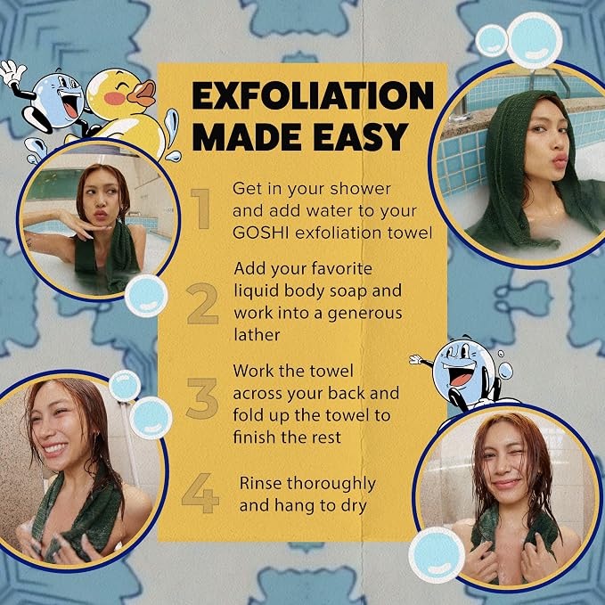GOSHI Exfoliating Shower Towel - Long Body Scrubber, Green | For back acne, KP & smooth skin, durable quick dry nylon washcloth, ethically crafted in Gunma, Japan