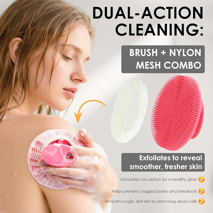 Pink Food-Grade Silicone Body Scrubber with Exfoliating Net Sponge Case | Handheld Bath Scrub Shower Brush Set For Women Men, All Skin Types, Deep Clean, Lather Well, INNERNEED