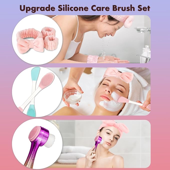 Manual Facial Cleansing Brush, 2-in-1 Skin Care face Brush, Skincare Headband and Wristband Set, 2 Pcs Face Mask Brush，6PCS (Gold+Pink)