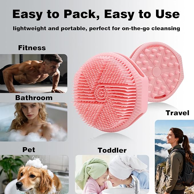 Silicone Body Scrubber for Men Women, Dual-Sided Bath Brushes Gentle Exfoliating Body Scrubber Scalp Massager for Deep Cleansing, Soft Silicone Loofah Body Washing Brushes (Pink)