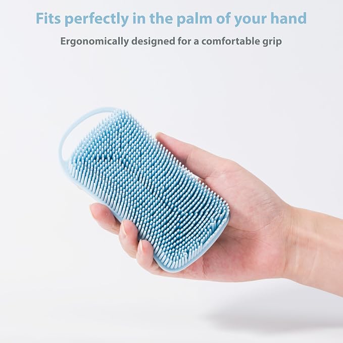 MtBoi 2 PC Silicone Body Scrubber, 2 in 1 Exfoliating Shower Bath Scrubber, Soft Silicone Loofah for Sensitive Skin, Shower Hair Scalp Massager, Easy to Clean, Lather Well (Pink&Blue)
