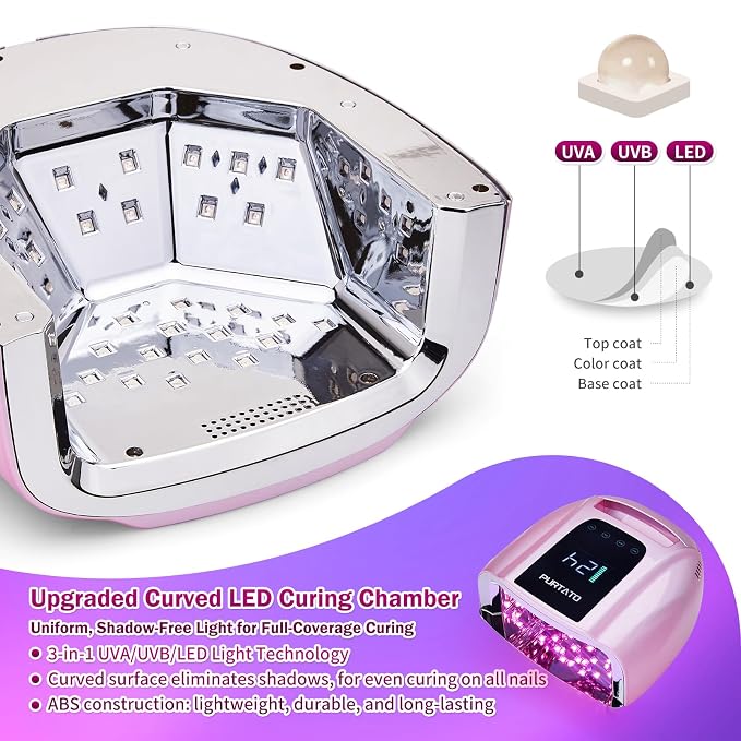 PURTATO Professional Rechargeable 96W UV LED Portable Cordless UV Light for Nail Lamp Machine with Removable Stainless Steel Bottom,4 Timer Setting and Smart Sensor Nail Dryer (Plating Pink)