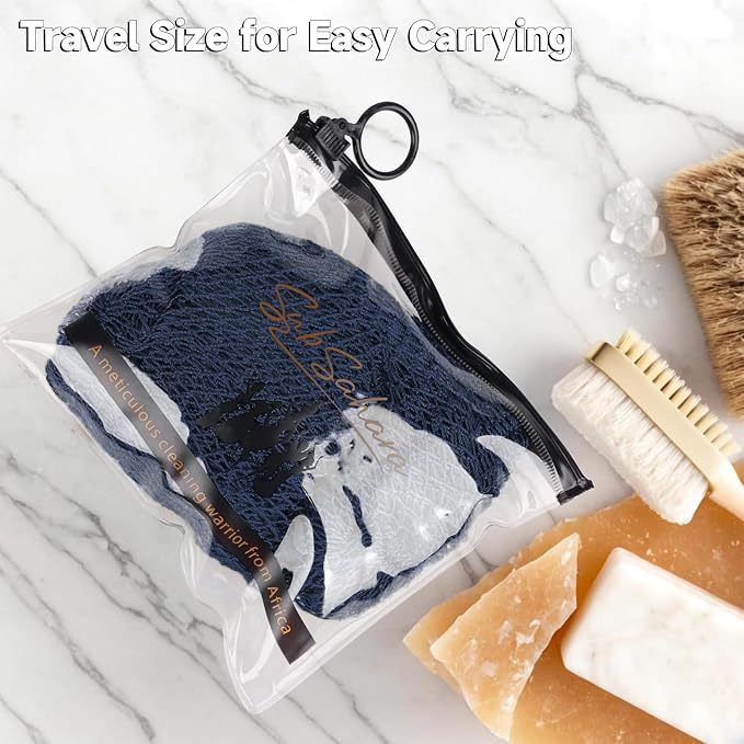 SubSahara Authentic African Net Sponge, 2 Pack 45-Inch Exfoliating Bath Sponge and Shower Loofah for Body and Back, Colorfast Quick-Dry Knotted Mesh Scrubber with Travel Pouch (Navy Blue & Brown)