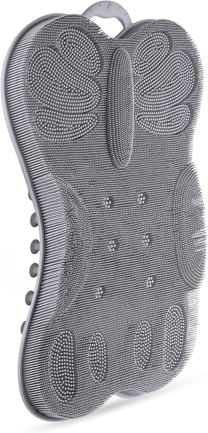 Kalolary Silicone Shower Foot Scrubber Mat & Back Exfoliating Cleaner | Large Exfoliating Feet Scrubber for Shower with Anti-Slip Suction Cups to Clean & Massage Feet Without Bending Over (Grey)