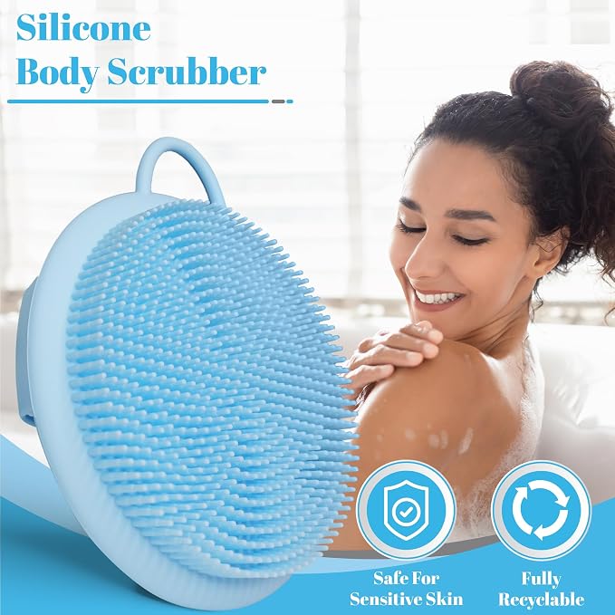 Silicone Scrubber - Blue Exfoliating Body Scrubber with Handle, Shower Brush & Bath Sponges for Personal Care