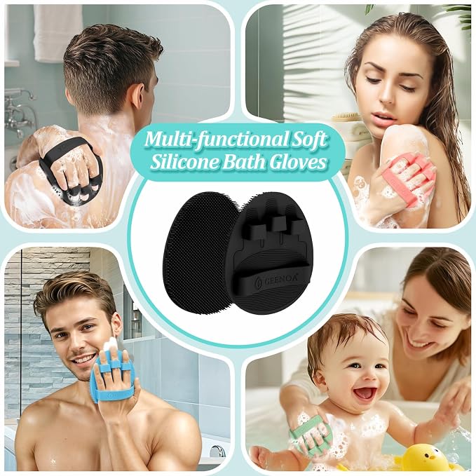 Upgrade Silicone Bath Glove with Straps, 360° Anti-Slip & Enlarged Exfoliating Body Scrubber for Rich Foaming Deep Cleaning, No-Grip & Hand-fit Shower Scrubber for All Skin Types(Blackx2)