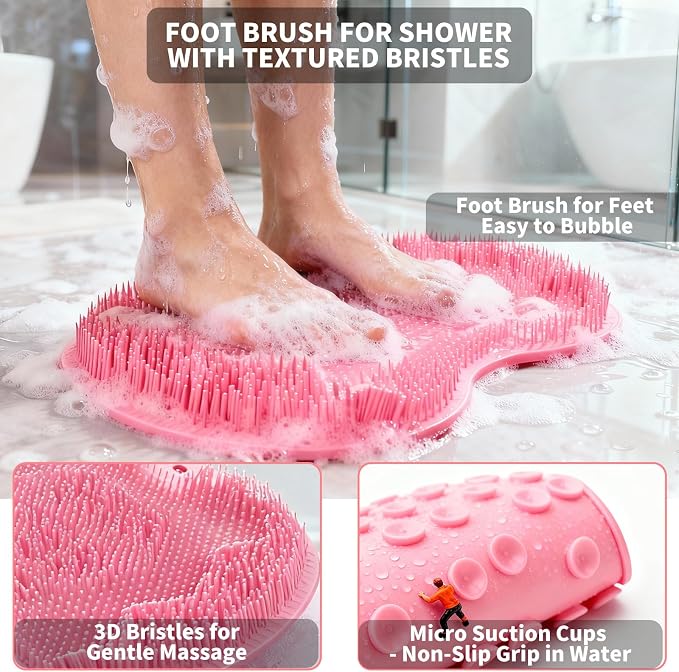 Shower Foot Scrubber Mat with 3 Types of Upgraded Brushes for Massage, Shower Back Scrubber with Micro Suction Cups,Back Washer Exfoliating Bath,Shower Scrubber for Body at Home Spa(Pink)