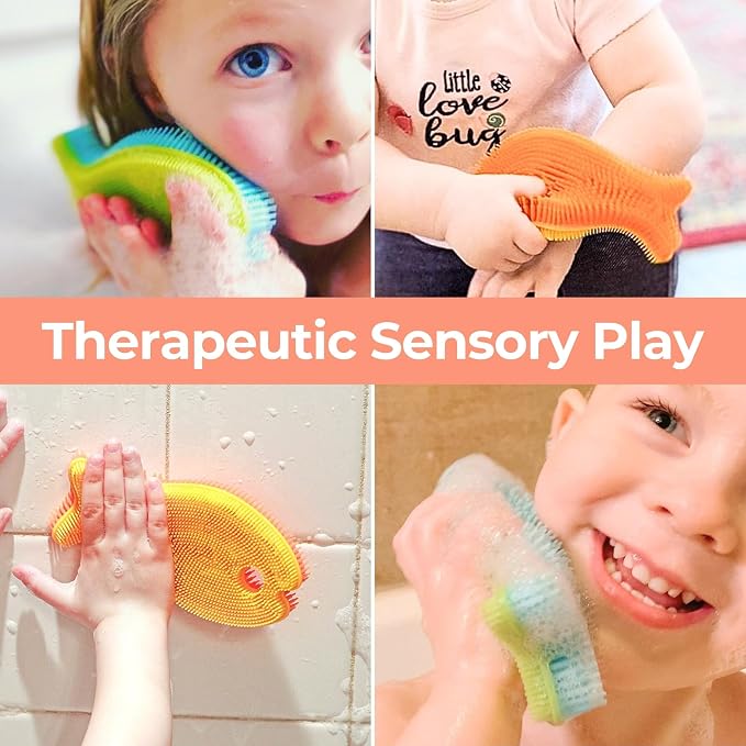 Innobaby Bathin' Smart Silicone Bath Scrub for Babies Toddlers and Adults in Double Sided Sensory Fish Shape, Gently Exfoliate Face and Body, Made with Quick-Dry Food Grade Silicone- Orange/Yellow