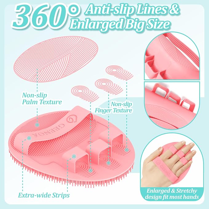 Silicone Body & Face Scrubber Set, 360° Anti-Slip & Hand-fit Silicone Shower Scrubber for Rich Foaming Deep Cleaning, Unique Facial Scrubber with Side-bristles for Contoured Areas.(Pink)