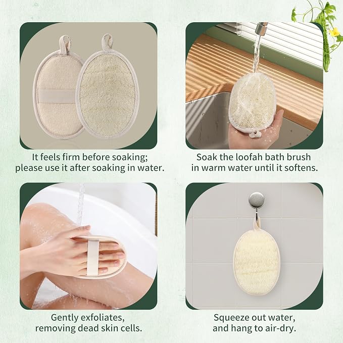 SAMEBUTECO 4 Pack Natural Loofah Exfoliating Body Scrubber Pads,Large Size 6.3x4.3 Inch Shower Loofah Sponges with Elastic Strap & Hanging Loop, Bath Scrubber for Adults