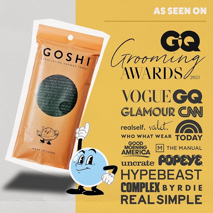 GOSHI Exfoliating Shower Towel - Long Body Scrubber, Green | For back acne, KP & smooth skin, durable quick dry nylon washcloth, ethically crafted in Gunma, Japan