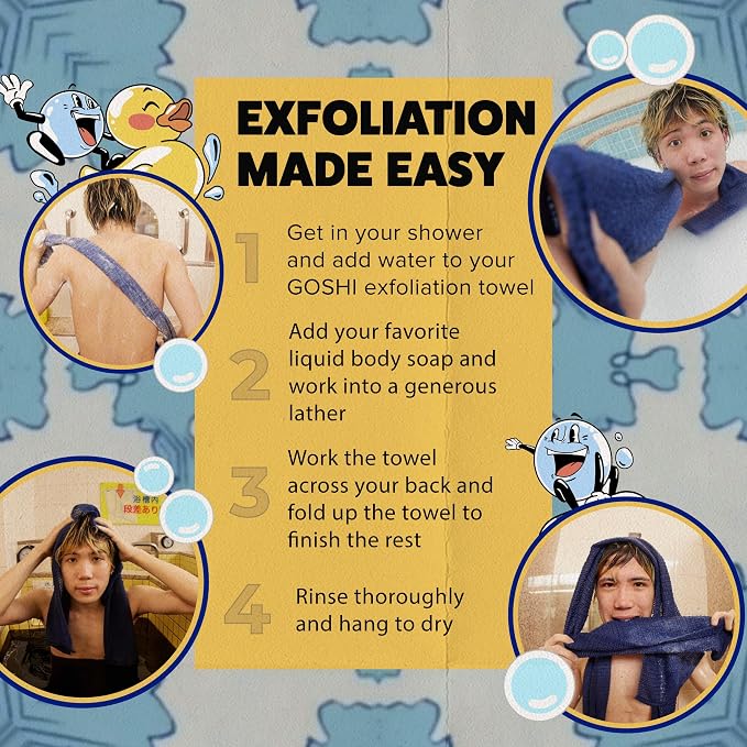 GOSHI Exfoliating Shower Towel - Long Body Scrubber, Blue | For back acne, KP & smooth skin, durable quick dry nylon washcloth, ethically crafted in Gunma, Japan