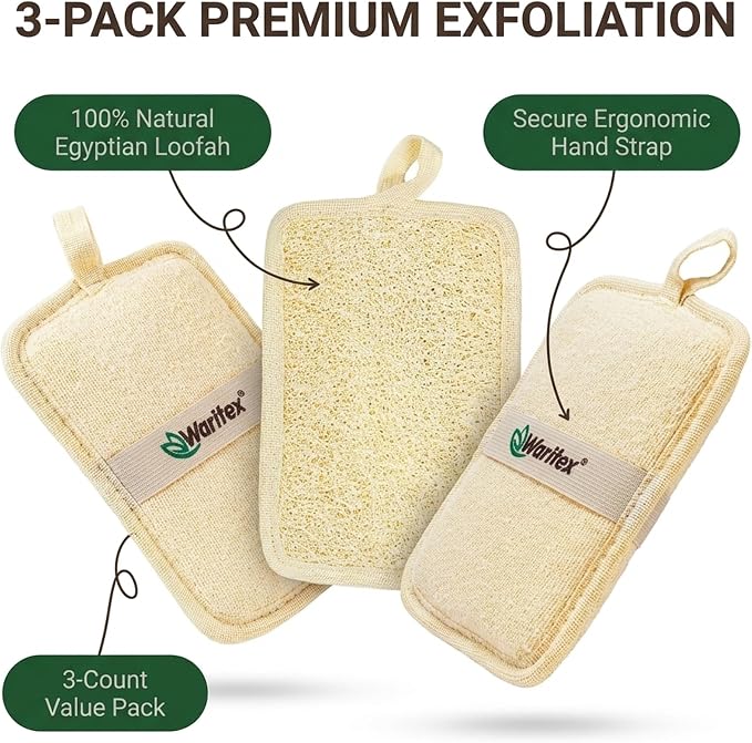 Waritex Organic Egyptian Loofah Rectangular Exfoliating Body Scrub [3 Pack] | Natural Loofah Fiber Bath Pads with Hand Strap for Gentle Skin Exfoliation, Deep Clean Scrubber, Shower Use for Men and Women