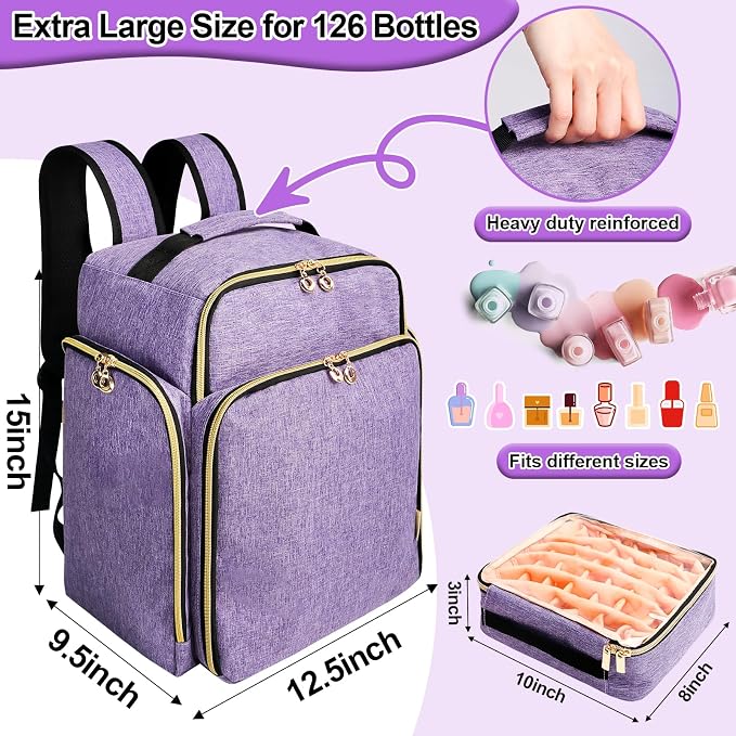 Nail Polish Organizer Backpack Holds 126 Bottles& Nail Lamp, Extra Large Nail Kit Supplies Organizer Bag with 3 Removable Cases, Portable Nail Organizers and Storage for Travel (Noble Purple)