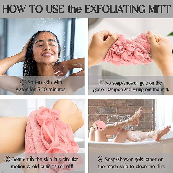 Deep Exfoliating Glove for Shower Double-Sided Mitt, with Extra Long Exfoliating Washcloth - Extreme Body & Back Scrubber for Shower, Massage Scrub Exfoliator & Bath Loofah Sponge (2-Pink)