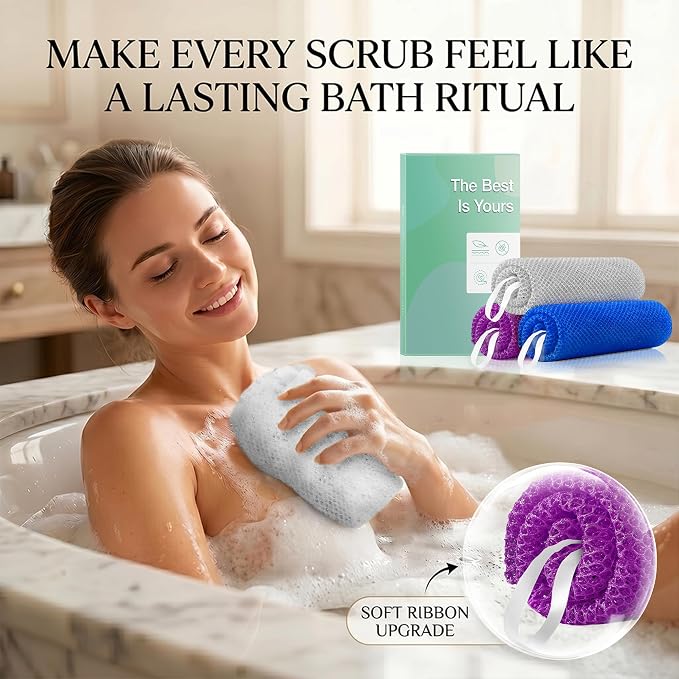 African Net Sponge Authentic, 3 Pieces Loofah Alternative Exfoliating Sponge, Deep Cleansing Body Scrubber, Shower Loofah Sponge for Body & Face,Travel Portable Bath Sponge(Blue,Purple,Grey)