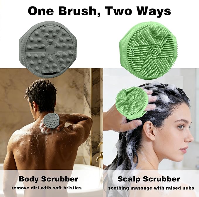 Silicone Body Scrubber for Men Women, Dual-Sided Bath Brushes Gentle Exfoliating Body Scrubber Scalp Massager for Deep Cleansing, Soft Silicone Loofah Body Washing Brushes (Gray+Green)