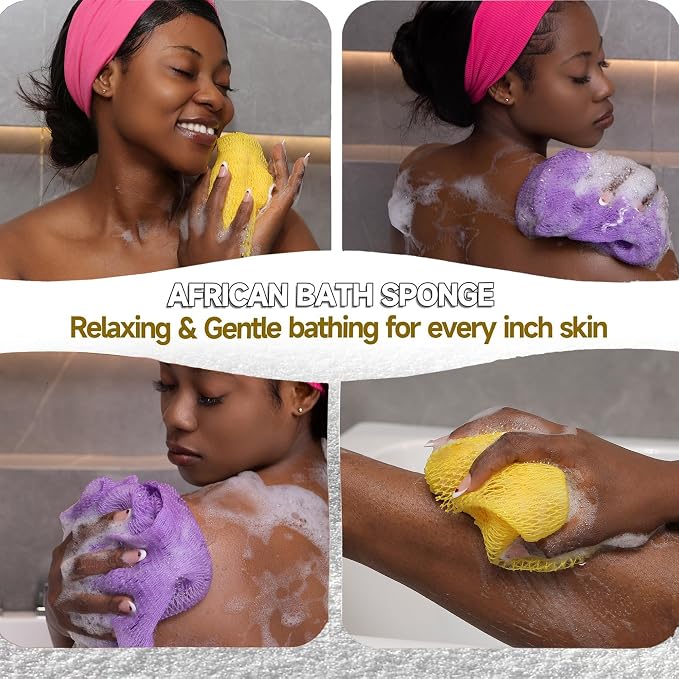 SubSahara Authentic African Net Sponge,2Pack 45In Exfoliating Bath Sponge and Shower Loofah for Body and Back,Colorfast Quick-Dry Knotted Mesh Scrubber with Travel Pouch(Lavender purple&Bright yellow)