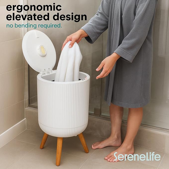 SereneLife Freestanding Towel Warmer Bucket – 18" Hot Towel Warmer with Legs for Bathroom & Spa, 12L Capacity, Built-In Timer, Aroma Discs & LED Indicator, Fits One Towel or Robe, Gray