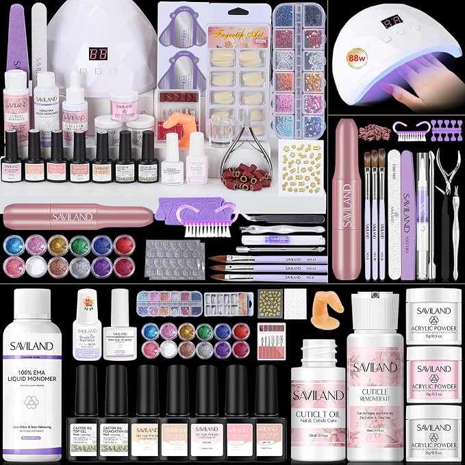 SAVILAND All-In-1 Acrylic Nail Kit with Drill & Nail Lamp Women Gift Set | All-in-1 beginners set, practice fingers, cuticle oil, cuticle remover,durable wearing, prevents chipping, home salon use