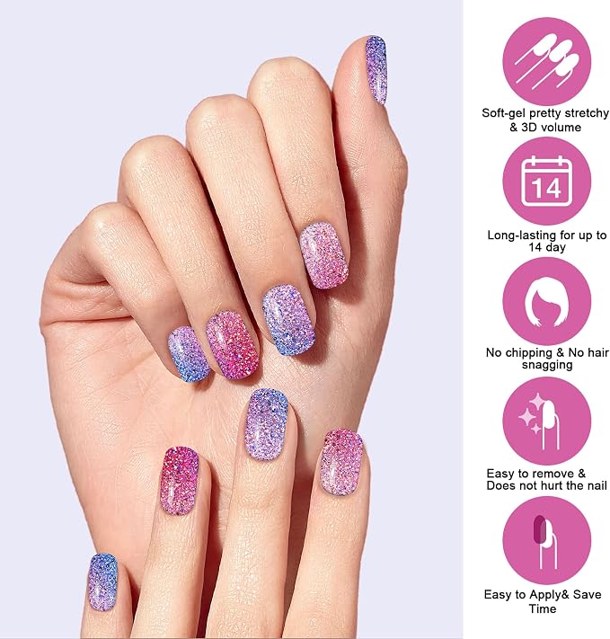 Semi Cured Gel Nail Strips, 22pcs UV Nails Polish Art Sticker, Nail Wraps with UV Light Required for Home Manicure DIY, Long Lasting, Easy Application & Removal, Salon Quality (Shiny Pink Blue 228)