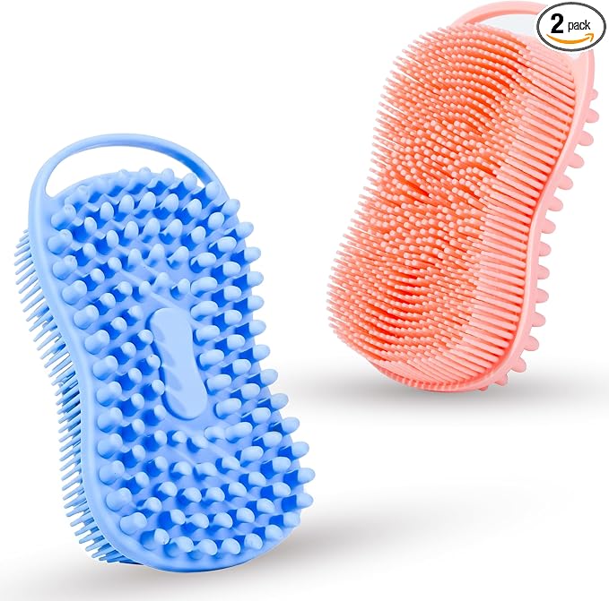 MtBoi 2-Pack Silicone Body Scrubber, 2-in-1 Shower Exfoliating Brush & Shampoo Massager for Sensitive Skin, Easy to Lather Bath Loofah (Pink&Blue)