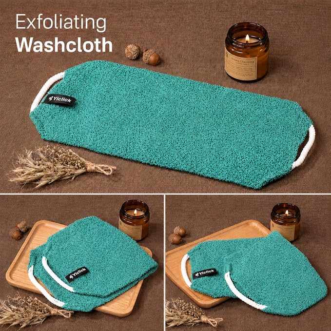 Yiclick Exfoliating Washcloth Towel with Handle, Back Scrubber for Shower, Exfoliating Body Scrubber Exfoliator, Japanese Wash Cloth for Body Scrub, Bath Sponge Loofah Luffa Washer Exfoliator