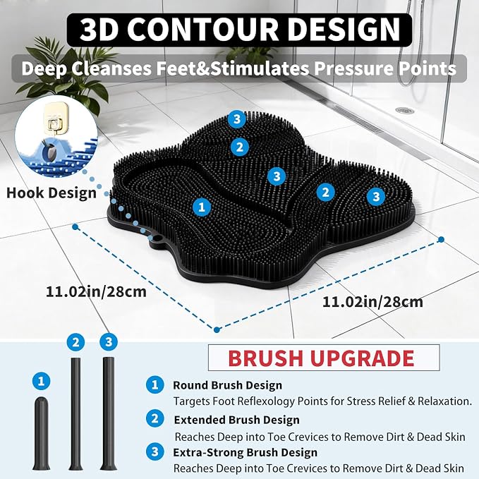 Show Foot Scrubber Mat & Silicone Back Scrubber with Butterfly Form Design,3 Brush Designs for Deep Cleaning Shower Foot Scrubber Mat, Wall Mounted Back Scrubber Silicone Bath (Black)