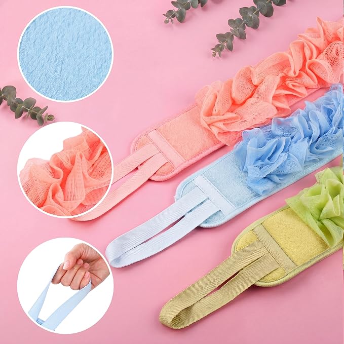 3 Pcs Exfoliating Back Scrubber for Shower Double Sided Exfoliating Washcloth with Strap Long Body Scrub Sponge Shower Loofah with Handle for Women Men Body Washing (Pastel Color)