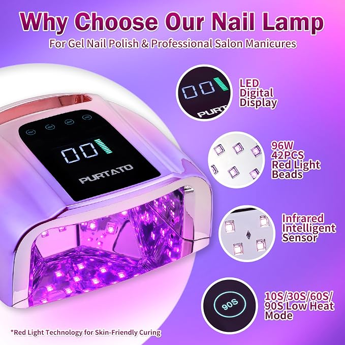Purtato Professional Rechargeable 96W UV LED Portable Cordless UV Light for Nail Lamp Machine with Removable Stainless Steel Bottom,4 Timer Setting and Smart Sensor Nail Dryer (Gradient Purple)