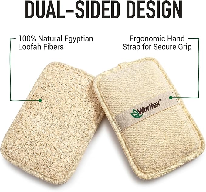 Waritex Organic Egyptian Loofah Rectangular Exfoliating Body Scrub [3 Pack] | Natural Loofah Fiber Bath Pads with Hand Strap for Gentle Skin Exfoliation, Deep Clean Scrubber, Shower Use for Men and Women