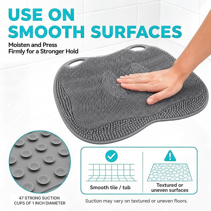 XL Silicone Shower Foot Scrubber Mat with Suction Cups, Foot Washer for Shower, Foot and Back Scrubber for Smooth Shower Wall or Floor, Grey, 17.32 x 12.99 in