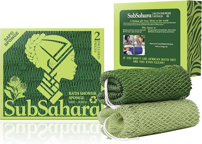 SubSahara Authentic African Net Sponge, 2 Pack 45-Inch Exfoliating Bath Sponge and Shower Loofah for Body and Back, Quick-Dry Durable Knotted Mesh Scrubber (Olive Green & Light Green)