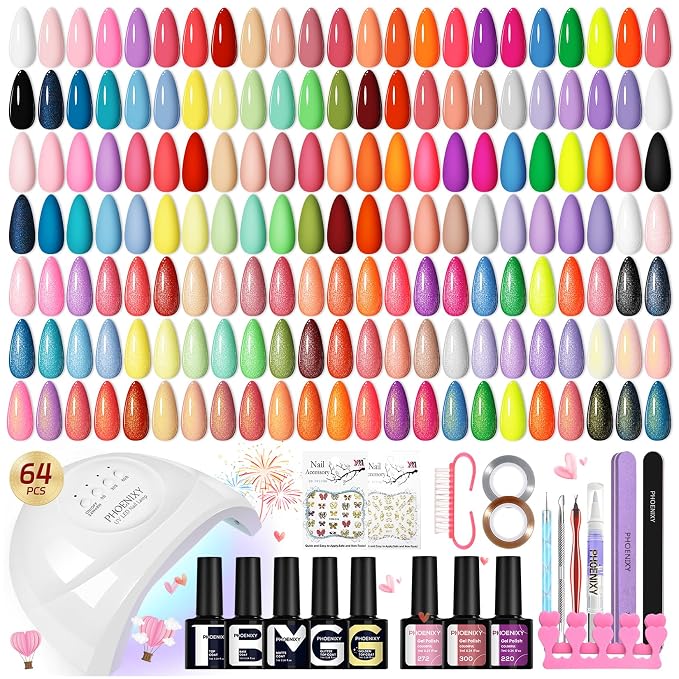 phoenixy 45 Colors Gel Nail Polish Kit with UV/LED Nail Lamp | 64 PCS Gel Nail Kit Nail Kit with Nail Lamp Base Coat & 4 Effect Top Coat Perfect for Beginner