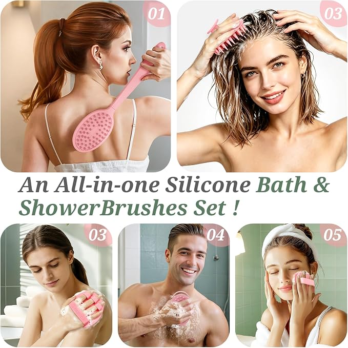 Silicone Back/Body/Face Scrubber & Scalp Massager Set 5PCS, 13.4'' Soft Back Scrubber, 360° Anti-Slip Bath Glove, Unique Side-bristled Face Scrubber, Shampoo Brush for All-Round Cleaning(Pink)