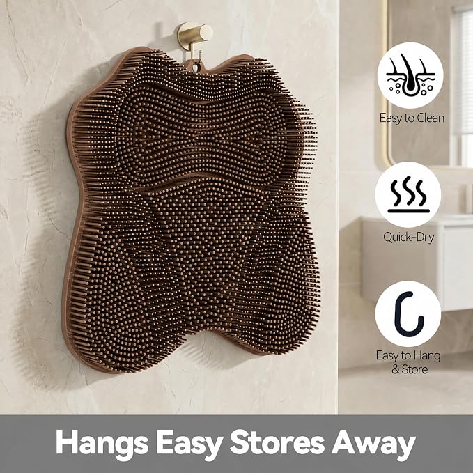OZNER Silicone Shower Foot Scrubber Mat,Back Washer Bath Wash Pad Exfoliating & Massage, Wall Mounted Slip Strong Suction Cups for Use in Cleaner Men and Women (Brown)
