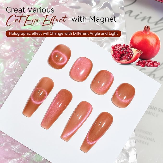 Makartt Cat Eye Gel Nail Polish - 10ml Romantic Holographic Fruit Gel Nail Polish with Magnet Stick, Glitter, UV/LED Curing Salon Home DIY Manicure - Pomegranate